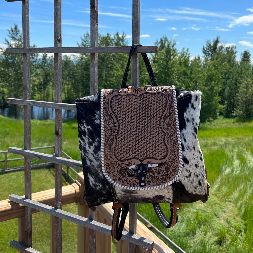 🔥💜 Myra Bag Hand-Tooled leather cowhide Backpack Canvas bull boho western New